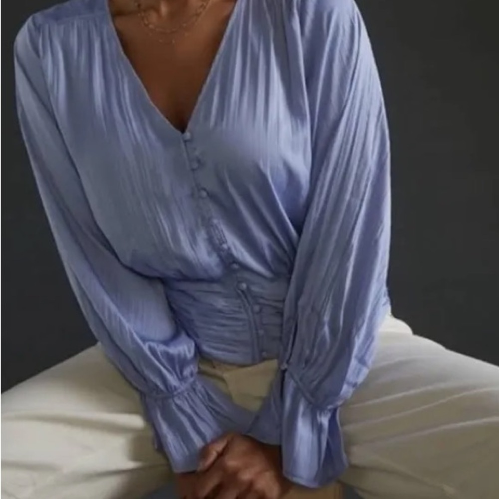 Anthropologie Blue Satin Smocked Balloon Sleeve Top